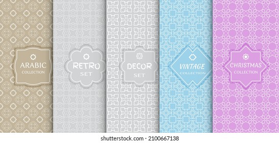 Set of seamless line patterns, colored background. Stylish decorative vintage, retro, arabic, christmas label decor set. Abstract geometric frame, vector illustration. Art Deco style, light colors