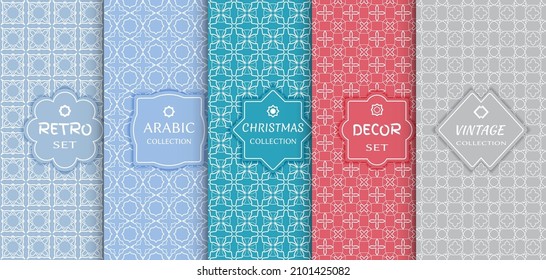 Set of seamless line patterns, colored background. Stylish decorative vintage, retro, arabic, christmas label decor set. Abstract geometric frame, vector illustration. Art Deco style, light colors