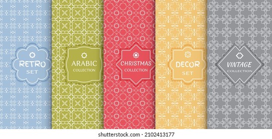 Conjunto de patrones de línea sin fisuras, fondo de color. Decoración de estilo vintage, retro, árabe y navideño. Resumen del marco geométrico, ilustración vectorial. Estilo Art Decó, colores claros