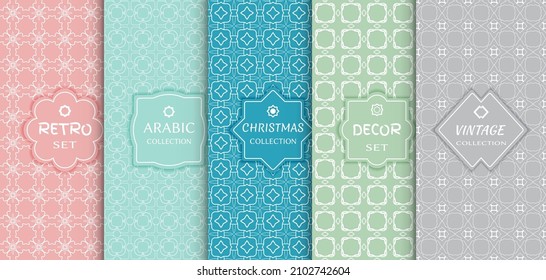 Set of seamless line patterns, colored background. Stylish decorative vintage, retro, arabic, christmas label decor set. Abstract geometric frame, vector illustration. Art Deco style, light colors