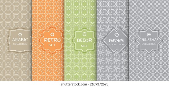Set of seamless line patterns, colored background. Stylish decorative vintage, retro, arabic, christmas label decor set. Abstract geometric frame, vector illustration. Art Deco style, light colors