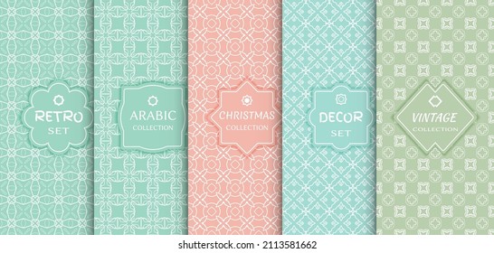 Set of seamless line patterns, colored background. Stylish decorative vintage, retro, arabic, christmas label decor set. Abstract geometric frame, vector illustration. Art Deco style, light colors