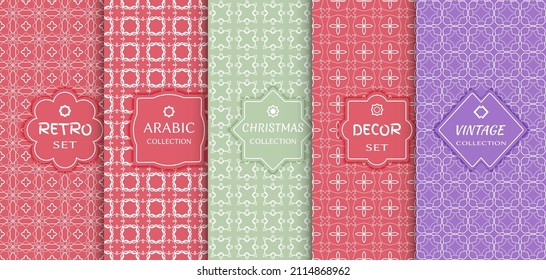 Set of seamless line patterns, colored background. Stylish decorative vintage, retro, arabic, christmas label decor set. Abstract geometric frame, vector illustration. Art Deco style, light colors