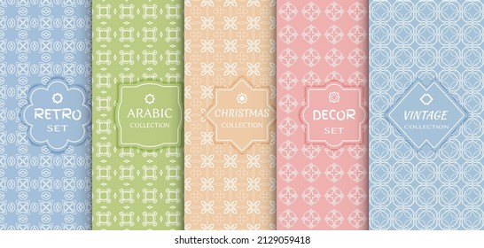 Set of seamless line patterns, colored background. Stylish decorative vintage, retro, arabic, christmas label decor set. Abstract geometric frame, vector illustration. Art Deco style, light colors
