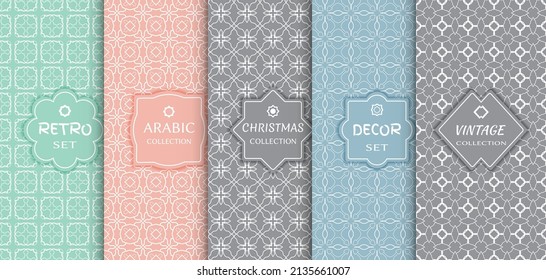 Set of seamless line patterns, colored background. Stylish decorative vintage, retro, arabic, christmas label decor set. Abstract geometric frame, vector illustration. Art Deco style, light colors