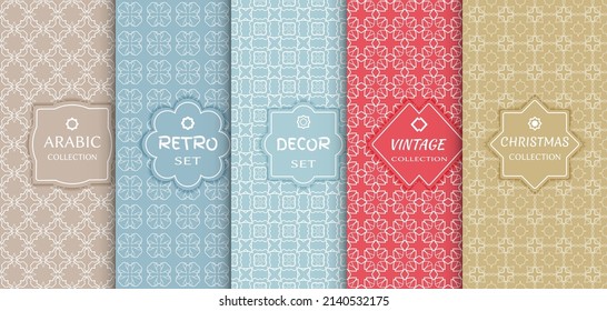 Set of seamless line patterns, colored background. Stylish decorative vintage, retro, arabic, christmas label decor set. Abstract geometric frame, vector illustration. Art Deco style, light colors