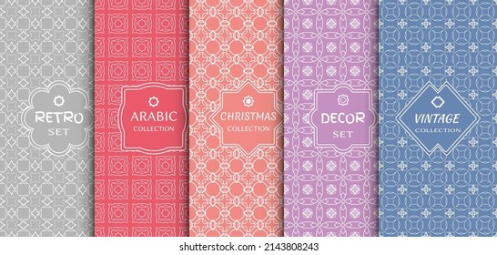 Set of seamless line patterns, colored background. Stylish decorative vintage, retro, arabic, christmas label decor set. Abstract geometric frame, vector illustration. Art Deco style, light colors