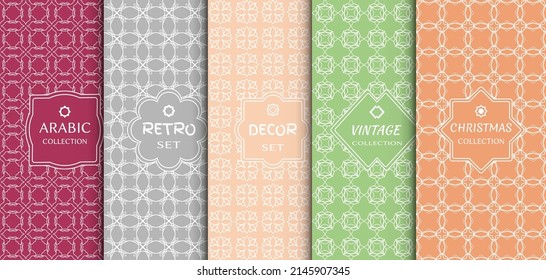 Set of seamless line patterns, colored background. Stylish decorative vintage, retro, arabic, christmas label decor set. Abstract geometric frame, vector illustration. Art Deco style, light colors