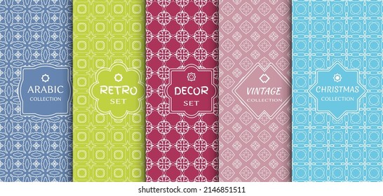 Set of seamless line patterns, colored background. Stylish decorative vintage, retro, arabic, christmas label decor set. Abstract geometric frame, vector illustration. Art Deco style, light colors
