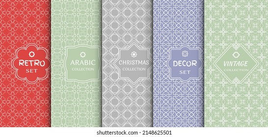 Set of seamless line patterns, colored background. Stylish decorative vintage, retro, arabic, christmas label decor set. Abstract geometric frame, vector illustration. Art Deco style, light colors
