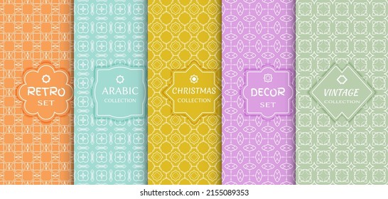 Set of seamless line patterns, colored background. Stylish decorative vintage, retro, arabic, christmas label decor set. Abstract geometric frame, vector illustration. Art Deco style, light colors