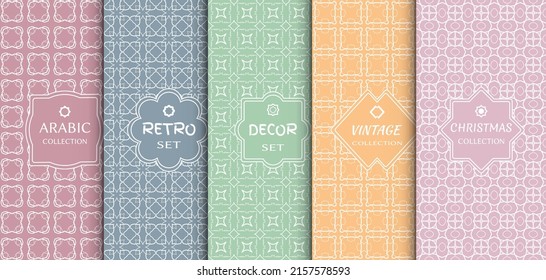 Set of seamless line patterns, colored background. Stylish decorative vintage, retro, arabic, christmas label decor set. Abstract geometric frame, vector illustration. Art Deco style, light colors