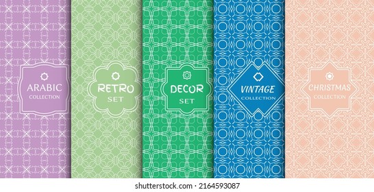 Set of seamless line patterns, colored background. Stylish decorative vintage, retro, arabic, christmas label decor set. Abstract geometric frame, vector illustration. Art Deco style, light colors