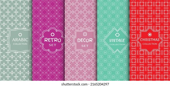 Set of seamless line patterns, colored background. Stylish decorative vintage, retro, arabic, christmas label decor set. Abstract geometric frame, vector illustration. Art Deco style, light colors