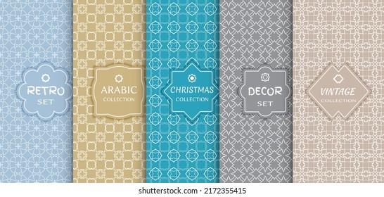 Set of seamless line patterns, colored background. Stylish decorative vintage, retro, arabic, christmas label decor set. Abstract geometric frame, vector illustration. Art Deco style, light colors