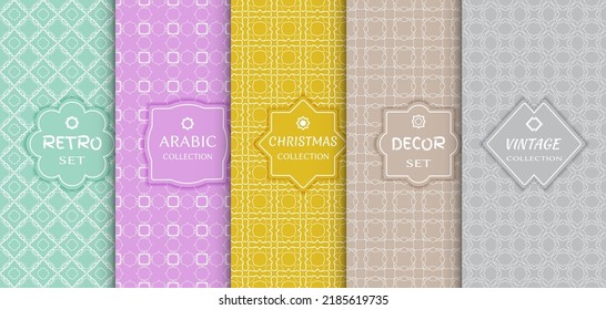 Set of seamless line patterns, colored background. Stylish decorative vintage, retro, arabic, christmas label decor set. Abstract geometric frame, vector illustration. Art Deco style, light colors