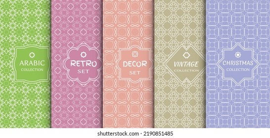 Set of seamless line patterns, colored background. Stylish decorative vintage, retro, arabic, christmas label decor set. Abstract geometric frame, vector illustration. Art Deco style, light colors