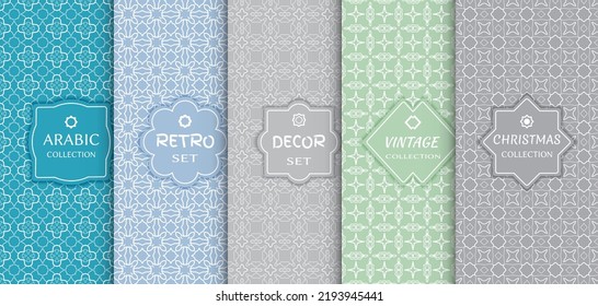 Set of seamless line patterns, colored background. Stylish decorative vintage, retro, arabic, christmas label decor set. Abstract geometric frame, vector illustration. Art Deco style, light colors