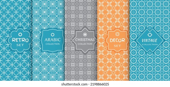 Set of seamless line patterns, colored background. Stylish decorative vintage, retro, arabic, christmas label decor set. Abstract geometric frame, vector illustration. Art Deco style, light colors