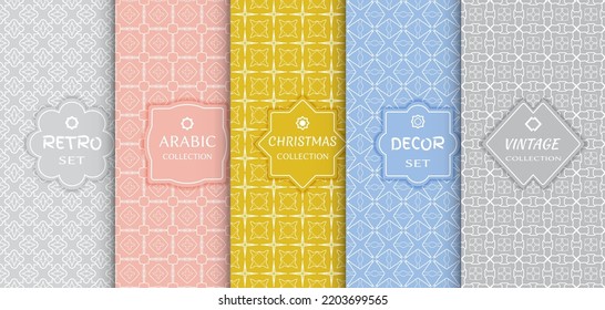 Set of seamless line patterns, colored background. Stylish decorative vintage, retro, arabic, christmas label decor set. Abstract geometric frame, vector illustration. Art Deco style, light colors