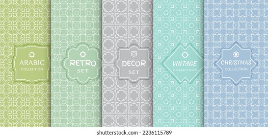 Set of seamless line patterns, colored background. Stylish decorative vintage, retro, arabic, christmas label decor set. Abstract geometric frame, vector illustration. Art Deco style, light colors
