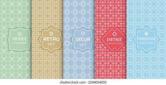 Set of seamless line patterns, colored background. Stylish decorative vintage, retro, arabic, christmas label decor set. Abstract geometric frame, vector illustration. Art Deco style, light colors