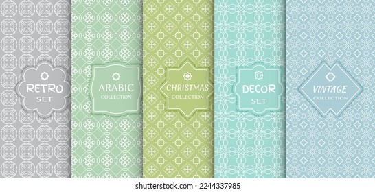 Set of seamless line patterns, colored background. Stylish decorative vintage, retro, arabic, christmas label decor set. Abstract geometric frame, vector illustration. Art Deco style, light colors