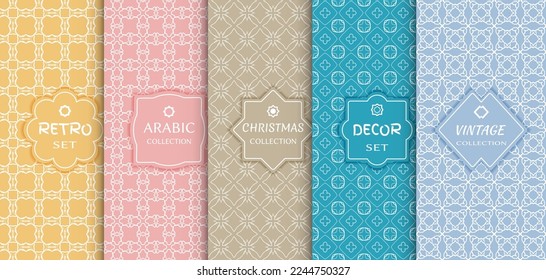 Set of seamless line patterns, colored background. Stylish decorative vintage, retro, arabic, christmas label decor set. Abstract geometric frame, vector illustration. Art Deco style, light colors