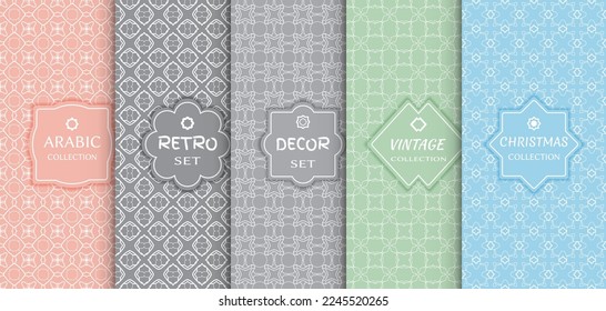 Set of seamless line patterns, colored background. Stylish decorative vintage, retro, arabic, christmas label decor set. Abstract geometric frame, vector illustration. Art Deco style, light colors