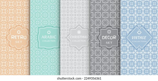 Set of seamless line patterns, colored background. Stylish decorative vintage, retro, arabic, christmas label decor set. Abstract geometric frame, vector illustration. Art Deco style, light colors