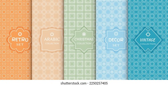 Set of seamless line patterns, colored background. Stylish decorative vintage, retro, arabic, christmas label decor set. Abstract geometric frame, vector illustration. Art Deco style, light colors