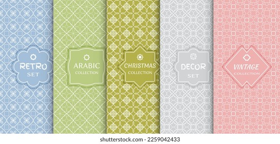 Set of seamless line patterns, colored background. Stylish decorative vintage, retro, arabic, christmas label decor set. Abstract geometric frame, vector illustration. Art Deco style, light colors