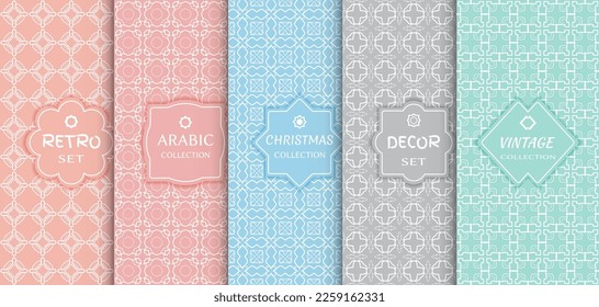 Set of seamless line patterns, colored background. Stylish decorative vintage, retro, arabic, christmas label decor set. Abstract geometric frame, vector illustration. Art Deco style, light colors