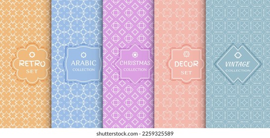 Set of seamless line patterns, colored background. Stylish decorative vintage, retro, arabic, christmas label decor set. Abstract geometric frame, vector illustration. Art Deco style, light colors