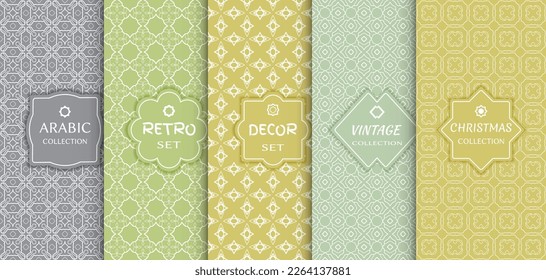 Set of seamless line patterns, colored background. Stylish decorative vintage, retro, arabic, christmas label decor set. Abstract geometric frame, vector illustration. Art Deco style, light colors