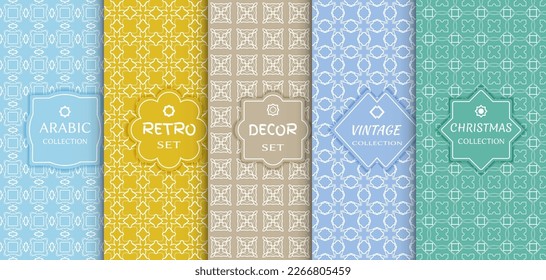 Set of seamless line patterns, colored background. Stylish decorative vintage, retro, arabic, christmas label decor set. Abstract geometric frame, vector illustration. Art Deco style, light colors