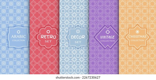 Set of seamless line patterns, colored background. Stylish decorative vintage, retro, arabic, christmas label decor set. Abstract geometric frame, vector illustration. Art Deco style, light colors