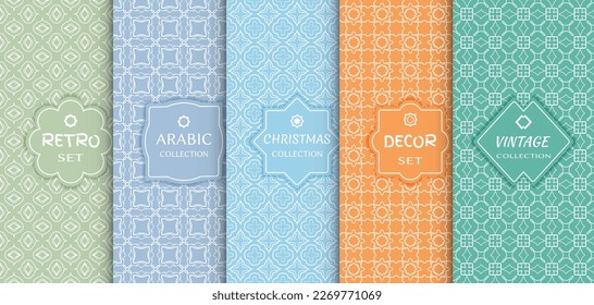 Set of seamless line patterns, colored background. Stylish decorative vintage, retro, arabic, christmas label decor set. Abstract geometric frame, vector illustration. Art Deco style, light colors
