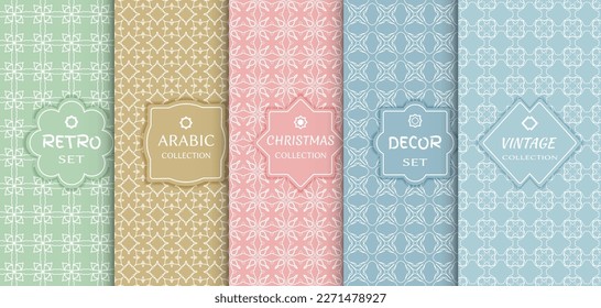 Set of seamless line patterns, colored background. Stylish decorative vintage, retro, arabic, christmas label decor set. Abstract geometric frame, vector illustration. Art Deco style, light colors