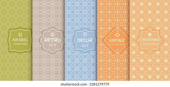 Conjunto de patrones de línea sin fisuras, fondo de color. Decoración de estilo vintage, retro, árabe y navideño. Resumen del marco geométrico, ilustración vectorial. Estilo Art Decó, colores claros