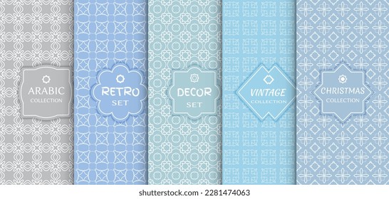Set of seamless line patterns, colored background. Stylish decorative vintage, retro, arabic, christmas label decor set. Abstract geometric frame, vector illustration. Art Deco style, light colors