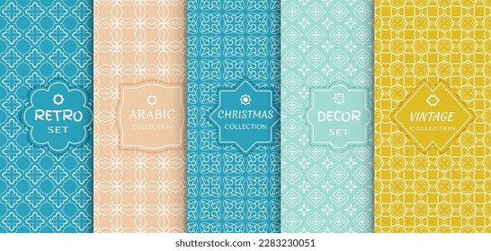 Set of seamless line patterns, colored background. Stylish decorative vintage, retro, arabic, christmas label decor set. Abstract geometric frame, vector illustration. Art Deco style, light colors