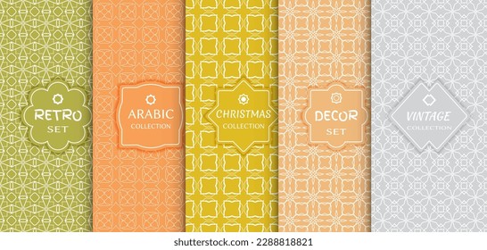 Set of seamless line patterns, colored background. Stylish decorative vintage, retro, arabic, christmas label decor set. Abstract geometric frame, vector illustration. Art Deco style, light colors