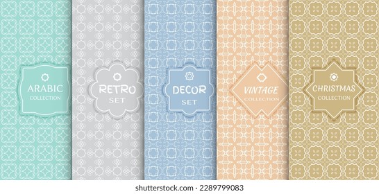 Set of seamless line patterns, colored background. Stylish decorative vintage, retro, arabic, christmas label decor set. Abstract geometric frame, vector illustration. Art Deco style, light colors