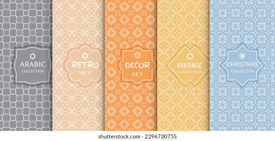 Set of seamless line patterns, colored background. Stylish decorative vintage, retro, arabic, christmas label decor set. Abstract geometric frame, vector illustration. Art Deco style, light colors