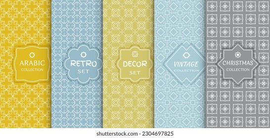 Set of seamless line patterns, colored background. Stylish decorative vintage, retro, arabic, christmas label decor set. Abstract geometric frame, vector illustration. Art Deco style, light colors