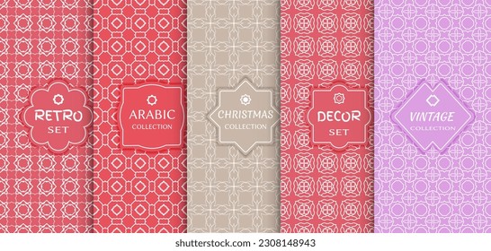 Set of seamless line patterns, colored background. Stylish decorative vintage, retro, arabic, christmas label decor set. Abstract geometric frame, vector illustration. Art Deco style, light colors