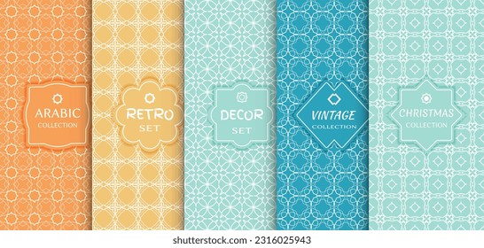 Conjunto de patrones de línea sin fisuras, fondo de color. Decoración de estilo vintage, retro, árabe y navideño. Resumen del marco geométrico, ilustración vectorial. Estilo Art Decó, colores claros