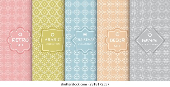 Set of seamless line patterns, colored background. Stylish decorative vintage, retro, arabic, christmas label decor set. Abstract geometric frame, vector illustration. Art Deco style, light colors