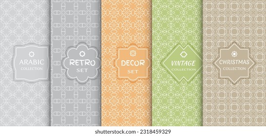 Set of seamless line patterns, colored background. Stylish decorative vintage, retro, arabic, christmas label decor set. Abstract geometric frame, vector illustration. Art Deco style, light colors